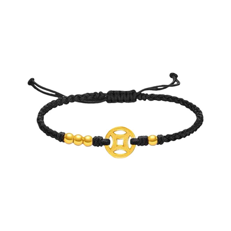 Black string bracelet with gold coin and beads for wealth attraction, a symbolic men's beaded bracelet for money energy flow