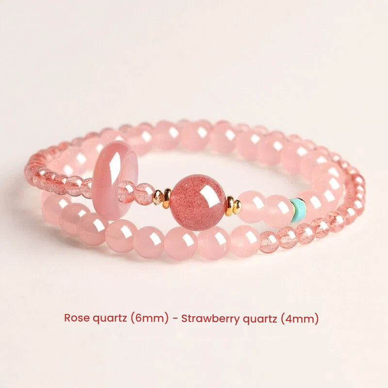 Pink quartz crystal beaded bracelet for love attraction, with natural strawberry quartz beads for romance and emotional connection
