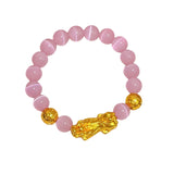 Cat's Eye Stone Bracelet with Gold Pixiu Charm for Attracting Wealth, Feng Shui Spiritual Accessory
