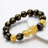 Black Obsidian Stone Bracelet with Gold Plated Pixiu Charm for Wealth Energy