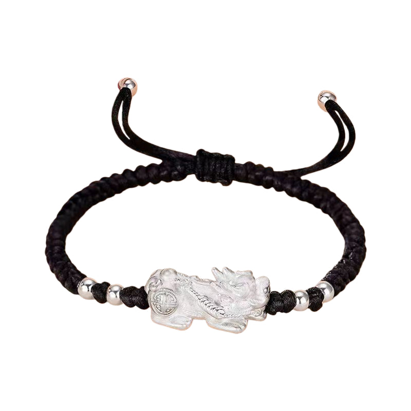 Silver plated Pixiu charm on black string bracelet for wealth attraction and money energy flow