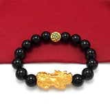 Men's Black Obsidian Beaded Bracelet with Gold Pixiu Charm for Wealth Manifestation, Feng Shui