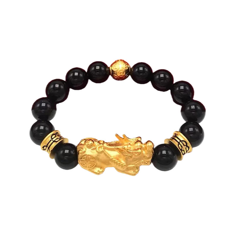 Black and gold Pixiu bracelet for wealth attraction, featuring a beaded design with a gold-plated Pixiu charm for men