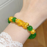 Gold Plated Pixiu Bracelet with Cat's Eye Crystal Beads for Wealth Manifestation, Feng Shui Energy