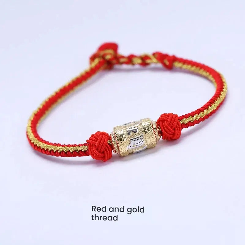 Red string bracelet with silver mantra charm for attracting luck and good fortune, a spiritual energy accessory