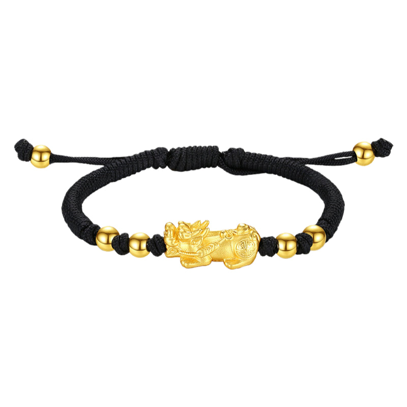 Gold plated Pixiu wealth bracelet with black string for men, a feng shui bracelet for money attraction and good fortune.