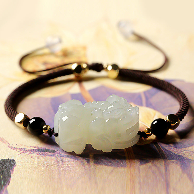 Black Obsidian and Hetian Jade Pixiu bracelet for men, a wealth attraction talisman with gold plated accents