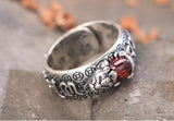 Vintage silver ring with Pixiu wealth guardian and red garnet crystal