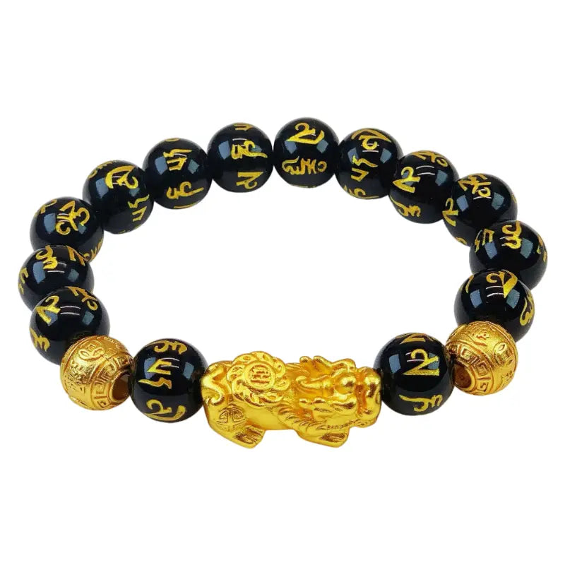 Black Obsidian Pixiu bracelet for wealth attraction, featuring a gold-plated charm and beaded design.