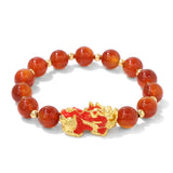 Agate crystal bracelet with Pixiu charm for wealth attraction, gold plated accents and symbolic meaning