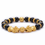 Gold Plated Pixiu Wealth Bracelet with Black Agate Beads & Six-Syllable Mantra - Feng Shui Money Magnet for Men & Women - CF044