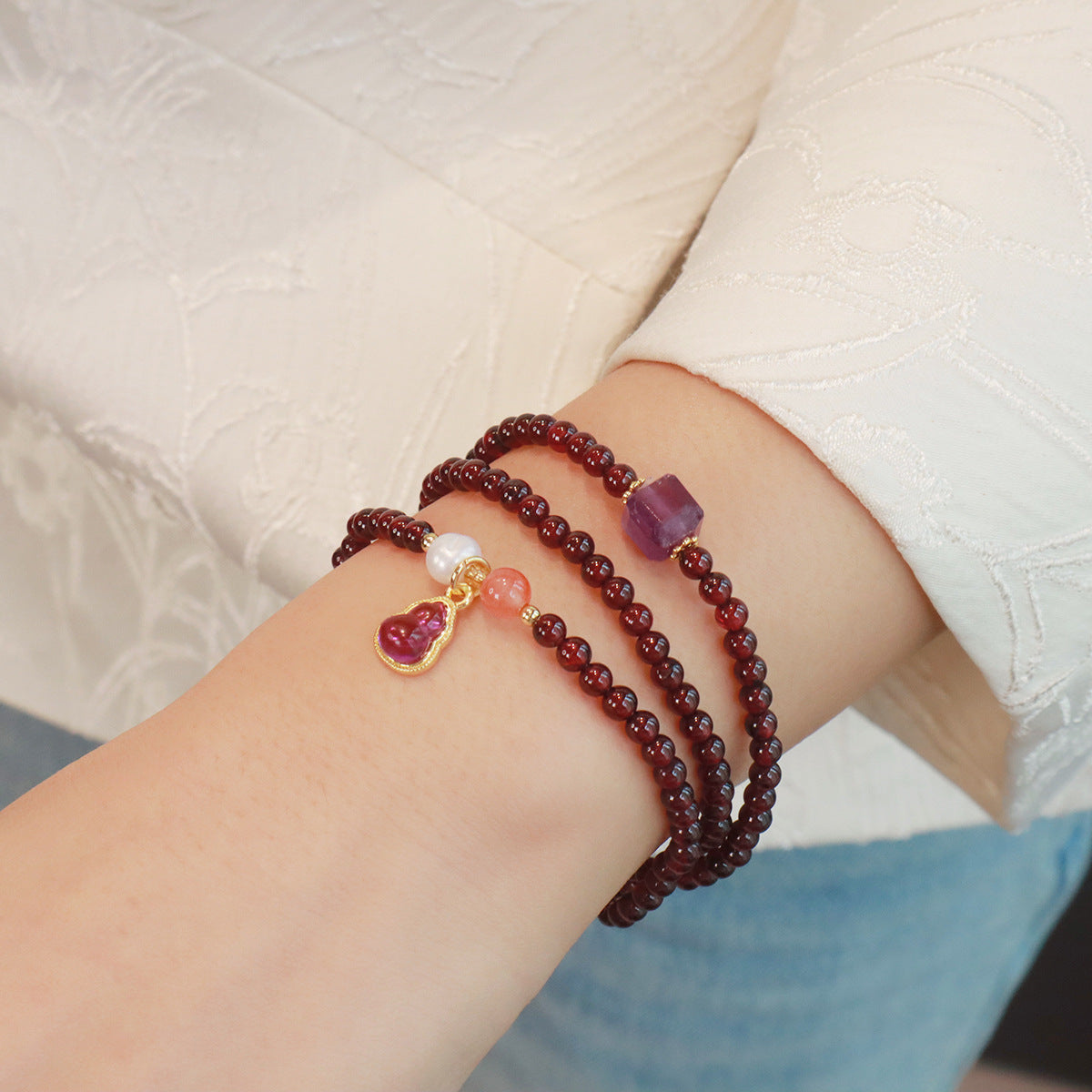 Red Garnet Beaded Bracelet for Love Attraction with Jadeite Charm and Red String