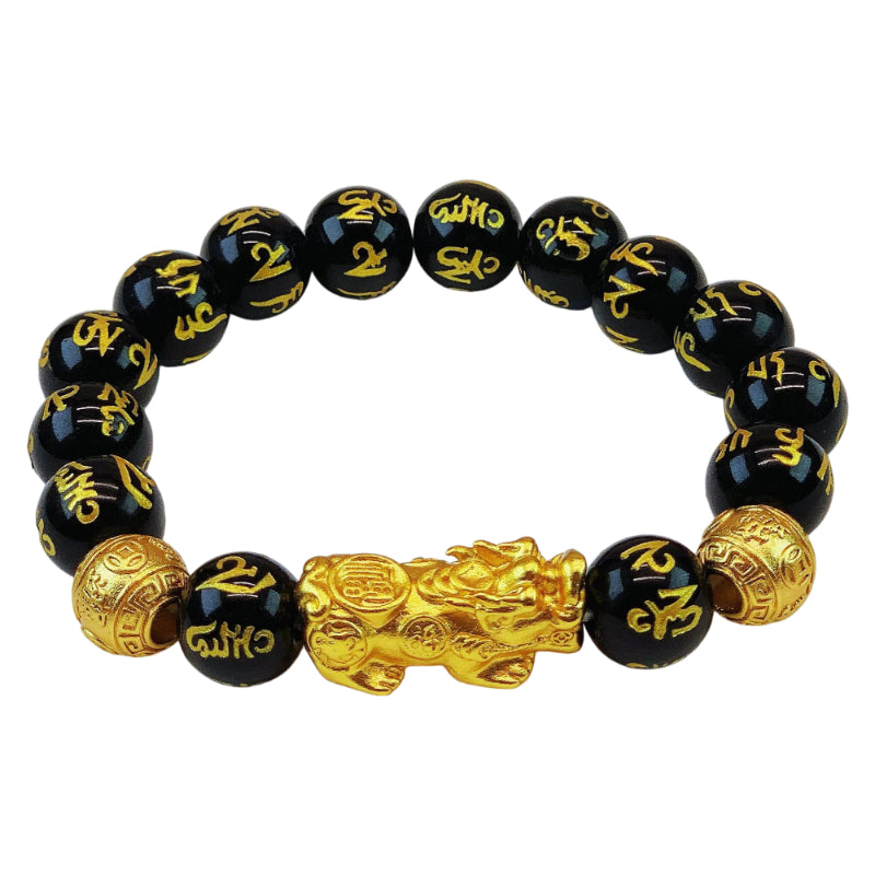 Natural black obsidian stone bracelet with a gold-plated Pixiu, a talisman for wealth attraction.