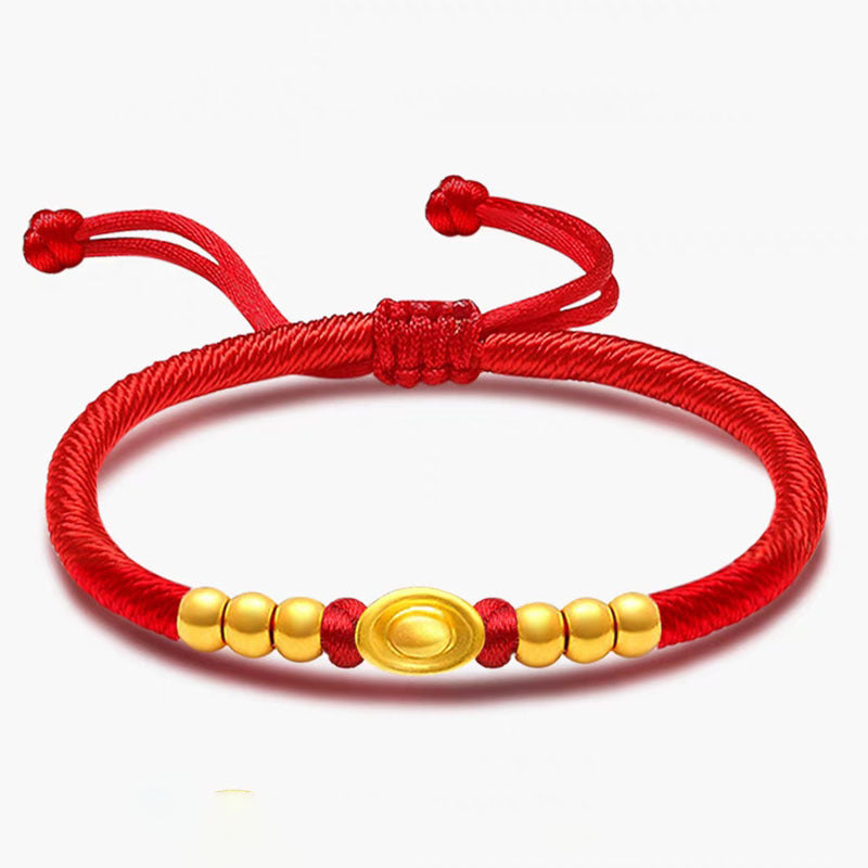 Gold Ingot Red String Bracelet for Wealth Attraction with Gold Plated Charms and Beads