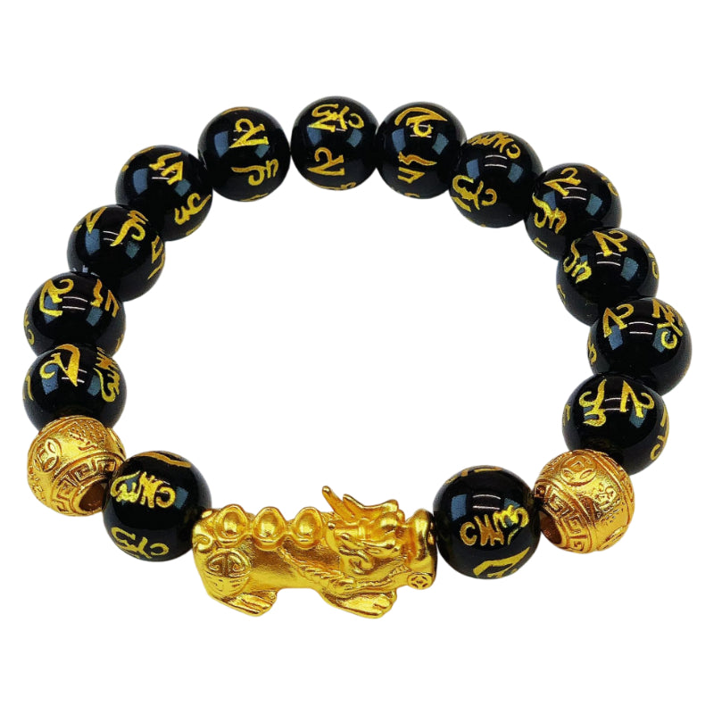Gold plated Pixiu charm on a black obsidian beaded bracelet, a men's accessory for wealth energy.