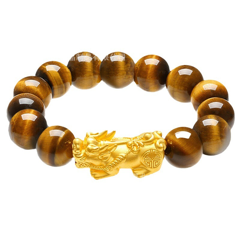 Natural Tiger's Eye beaded bracelet with gold plated Pixiu charm for wealth attraction, a feng shui bracelet for men and women.