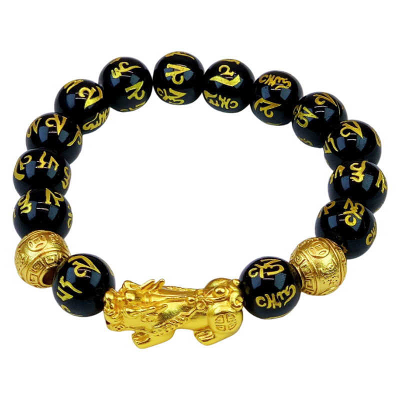 Mens black bead bracelet with a gold plated Pixiu charm, crafted from obsidian for wealth attraction.