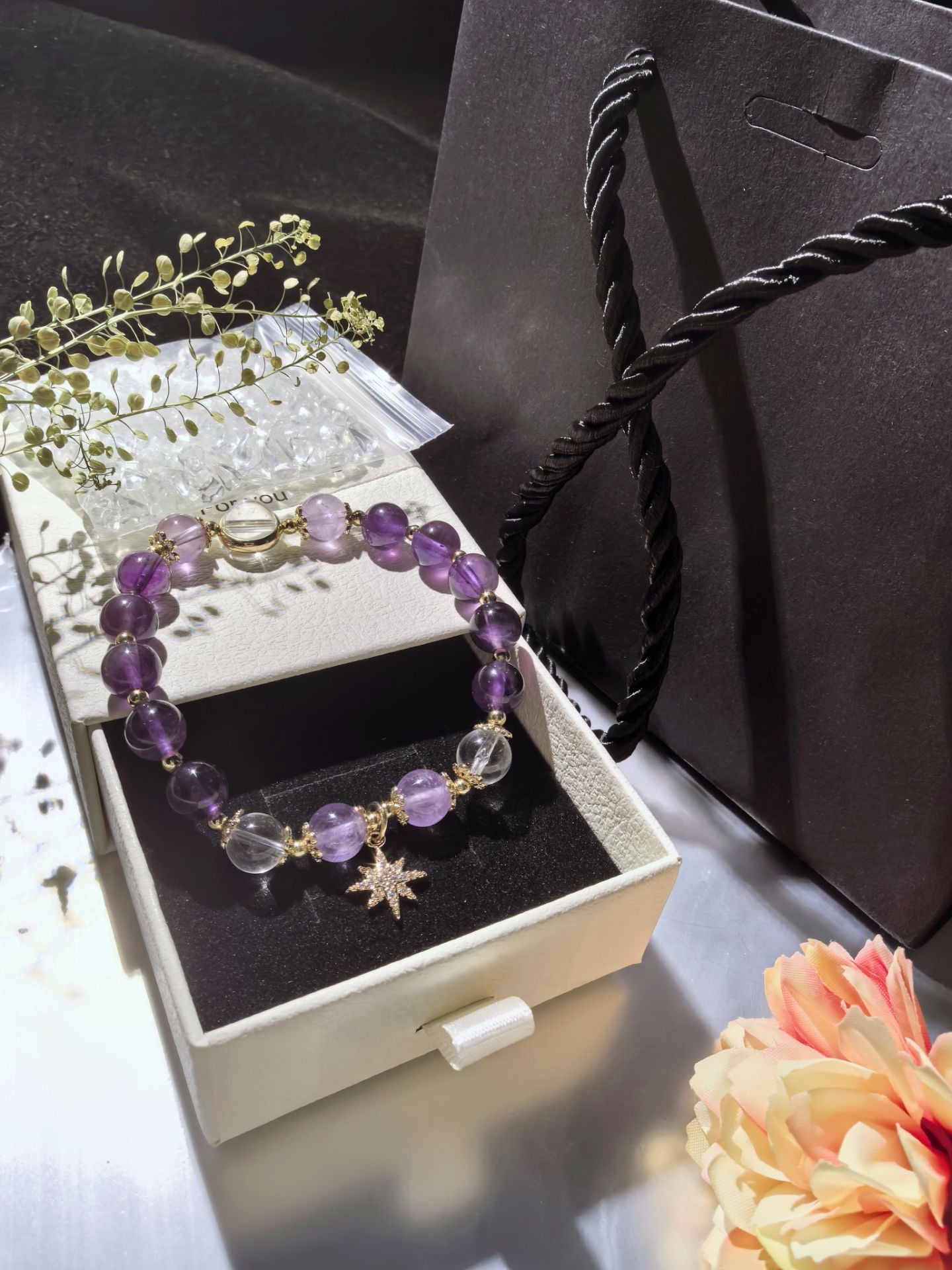 Purple amethyst stone bracelet for emotional balance, a crystal beaded accessory for calming energy