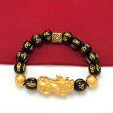 Men's Black Obsidian Bead Bracelet with Gold Plated Pixiu for Attracting Wealth