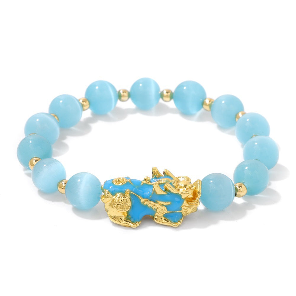 Agate stone bracelet with Pixiu charm for wealth attraction, gold plated accents and symbolic meaning