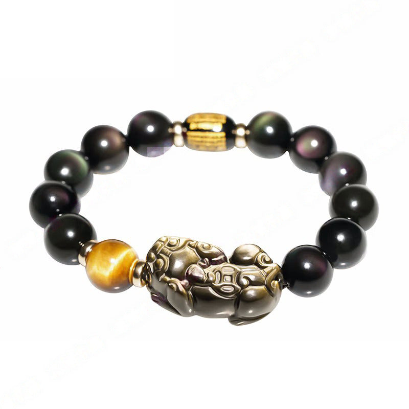 Black obsidian stone bracelet with Pixiu charm, designed for wealth attraction and energy flow