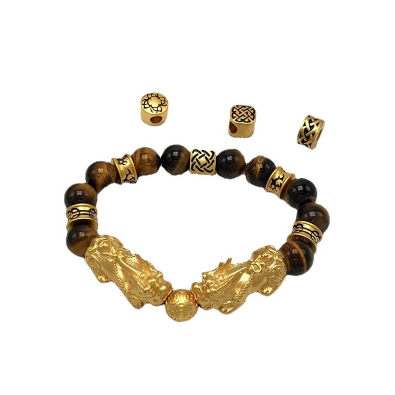 Tiger's Eye bracelet with gold plated Pixiu charm for men, symbolizing wealth attraction