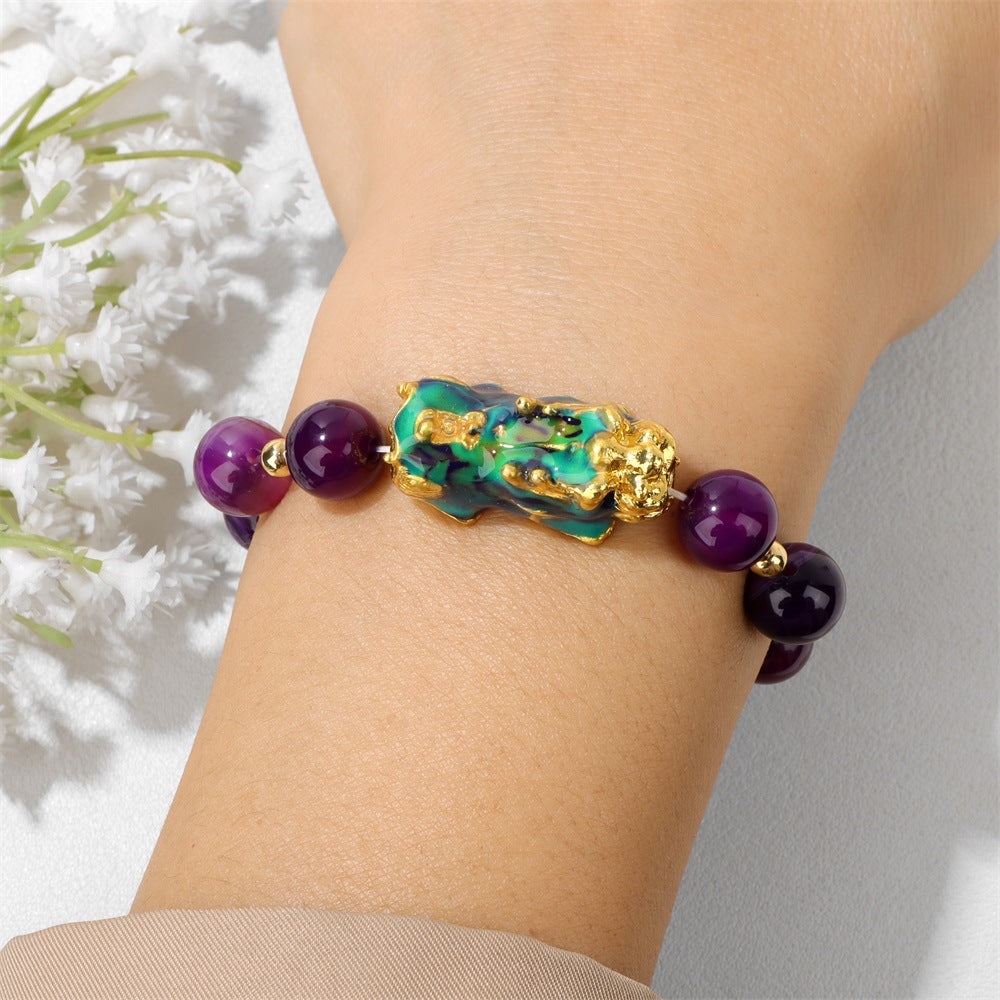 Agate and sand gold Pixiu bracelet for wealth attraction, beaded men's bracelet with symbolic gold charm