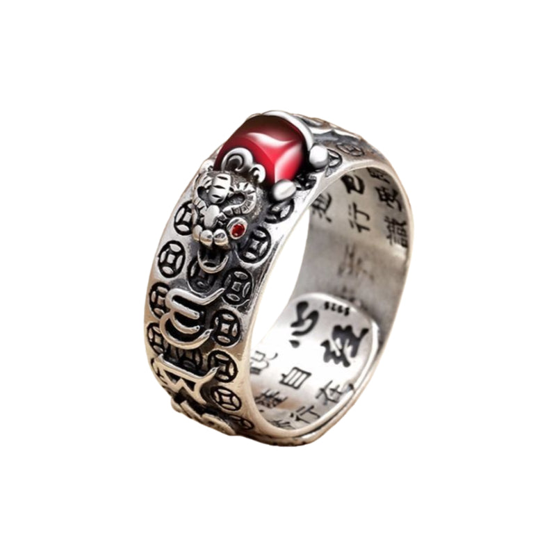 Silver plated Pixiu ring for wealth attraction, featuring a wealth guardian charm and silver plated finish, a symbolic energy bracelet for men