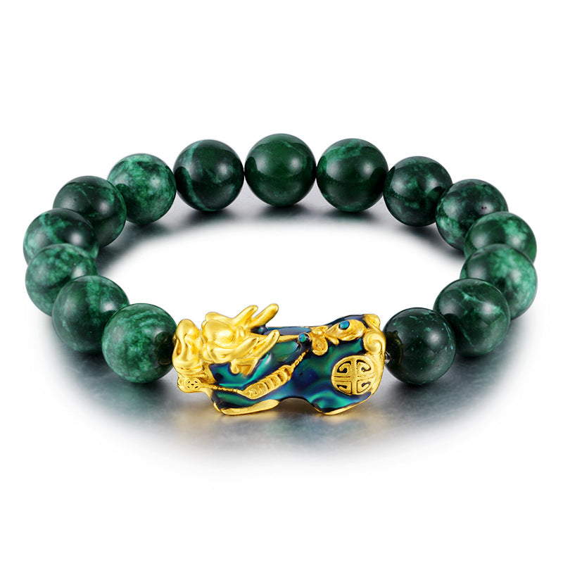 Green jade stone beaded bracelet with Pixiu charm for wealth attraction, featuring gold plated accents and color-changing beads.