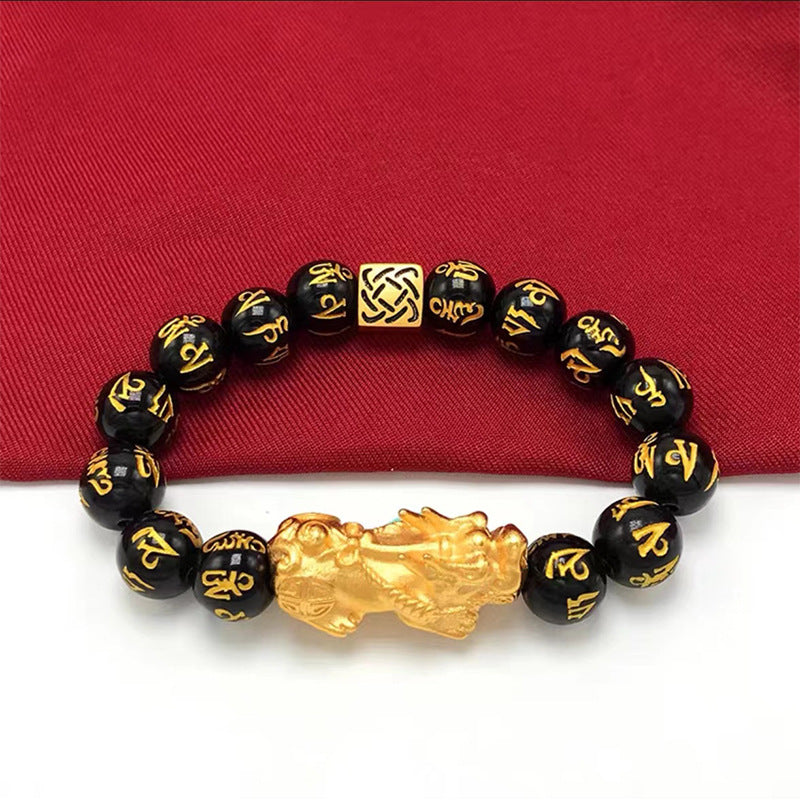 Gold Plated Pixiu Charm on Black Obsidian Beaded Bracelet for Wealth Attraction and Symbolic Meaning