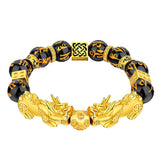 Black Obsidian Beaded Bracelet with Double Pixiu Charms for Wealth Attraction, Gold Plated Men's Energy Jewelry