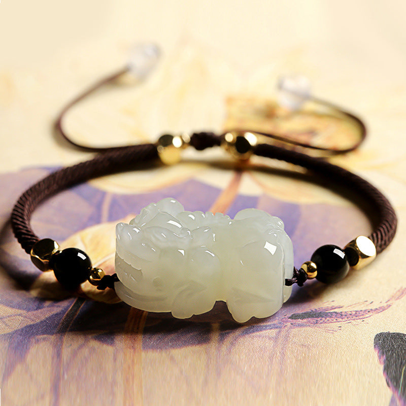 Nephrite Jade Pixiu and Black Obsidian beaded bracelet for wealth manifestation, with black string design