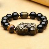 Beaded Gold Obsidian Bracelet Featuring Pixiu Charm for Wealth Manifestation and Protection