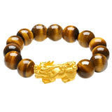 Natural Tiger's Eye beaded bracelet with gold plated Pixiu charm for wealth attraction, men's crystal bead bracelet