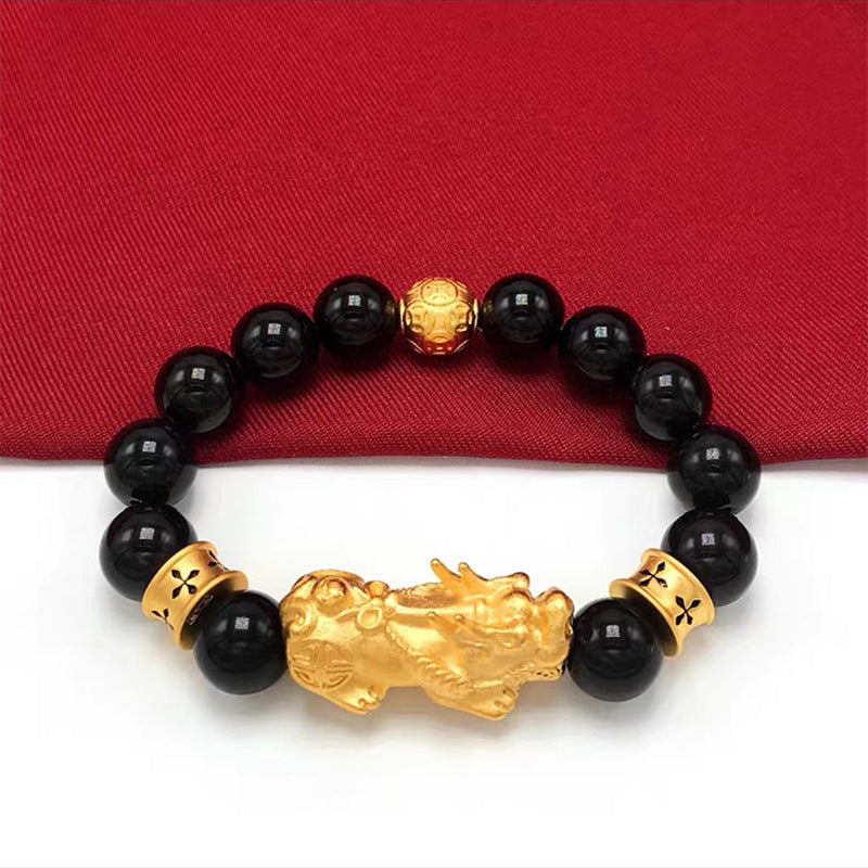 Gold Plated Pixiu Charm on Black Obsidian Beaded Bracelet for Wealth Flow, Feng Shui Accessory