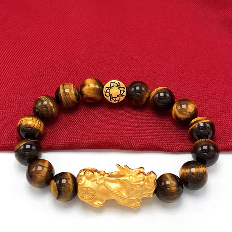 Tiger's Eye crystal bead bracelet with dual Pixiu charms for wealth energy and financial flow