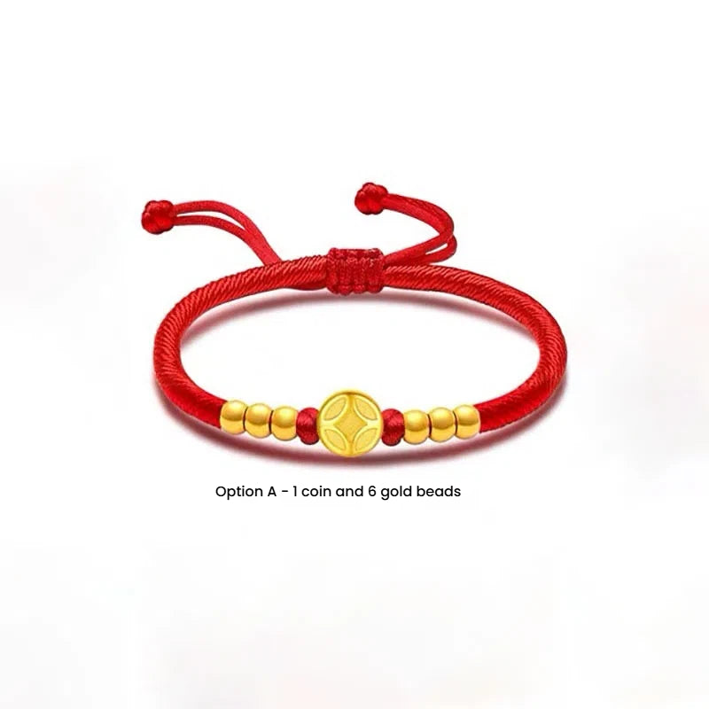 Gold coin and red string bracelet for wealth manifestation, a meaningful beaded accessory with gold plated accents.