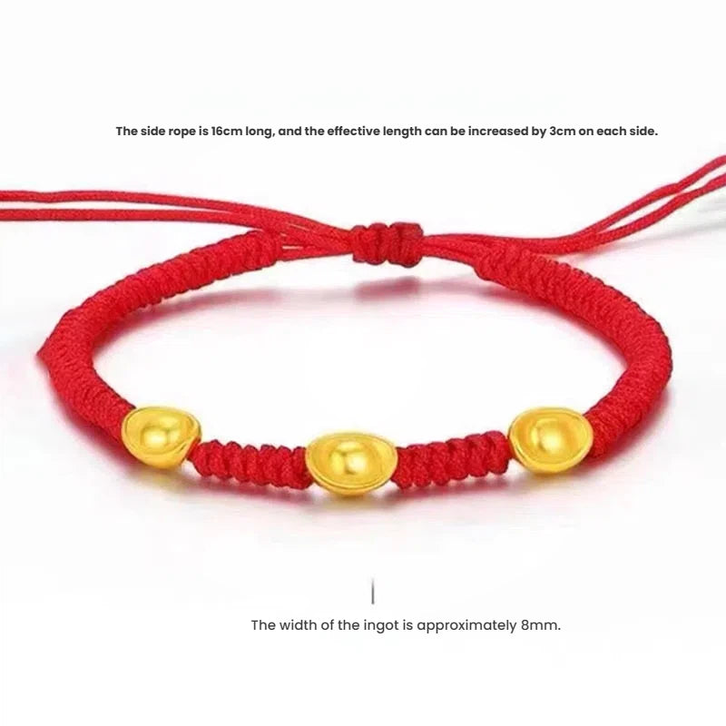 Red String Beaded Bracelet with Gold Ingot Charms for Wealth Manifestation and Gold Accents