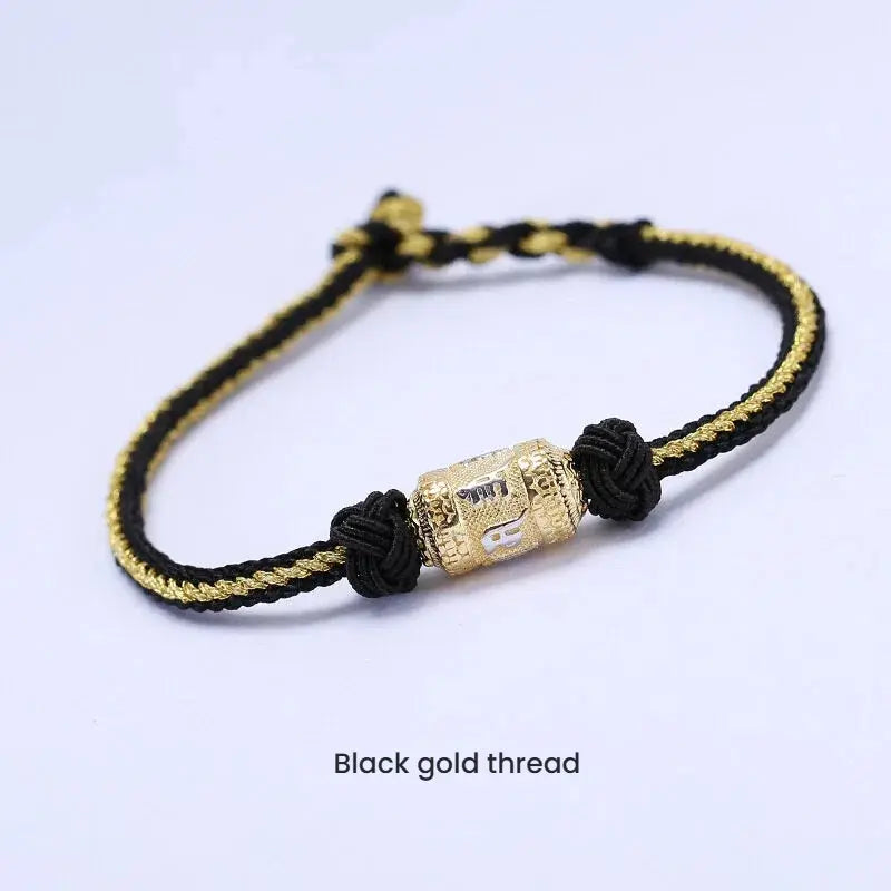 Black string bracelet with silver mantra charm for attracting luck and good fortune, spiritual energy accessory