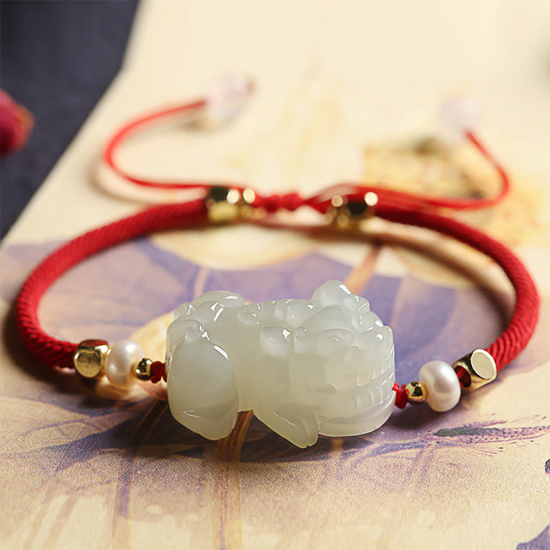 Hetan Jade Pixiu bracelet with black obsidian beads for wealth attraction and energy flow