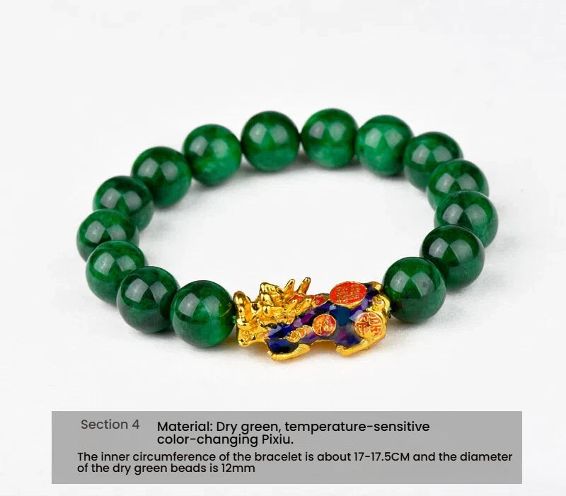 Wealth attraction bracelet made with Green Jade beads and a detailed gold-plated Pixiu charm