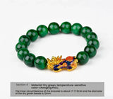 Wealth attraction bracelet made with Green Jade beads and a detailed gold-plated Pixiu charm