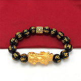 Gold Plated Pixiu Charm on Black Obsidian Beaded Bracelet for Wealth Manifestation