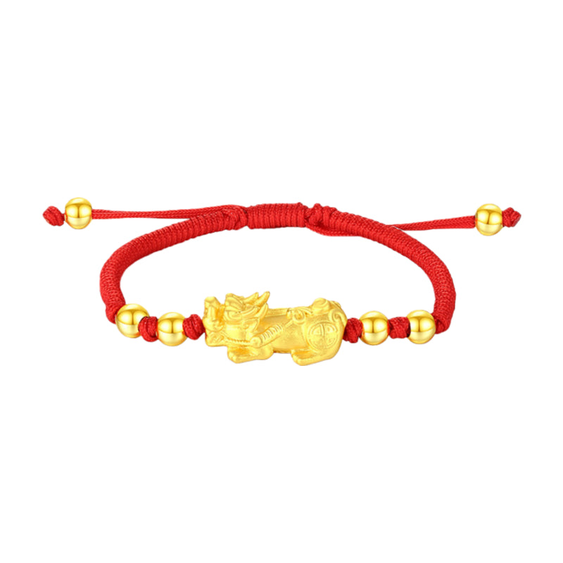 Gold plated Pixiu wealth bracelet with red string for men, a feng shui bracelet for money attraction and good fortune.