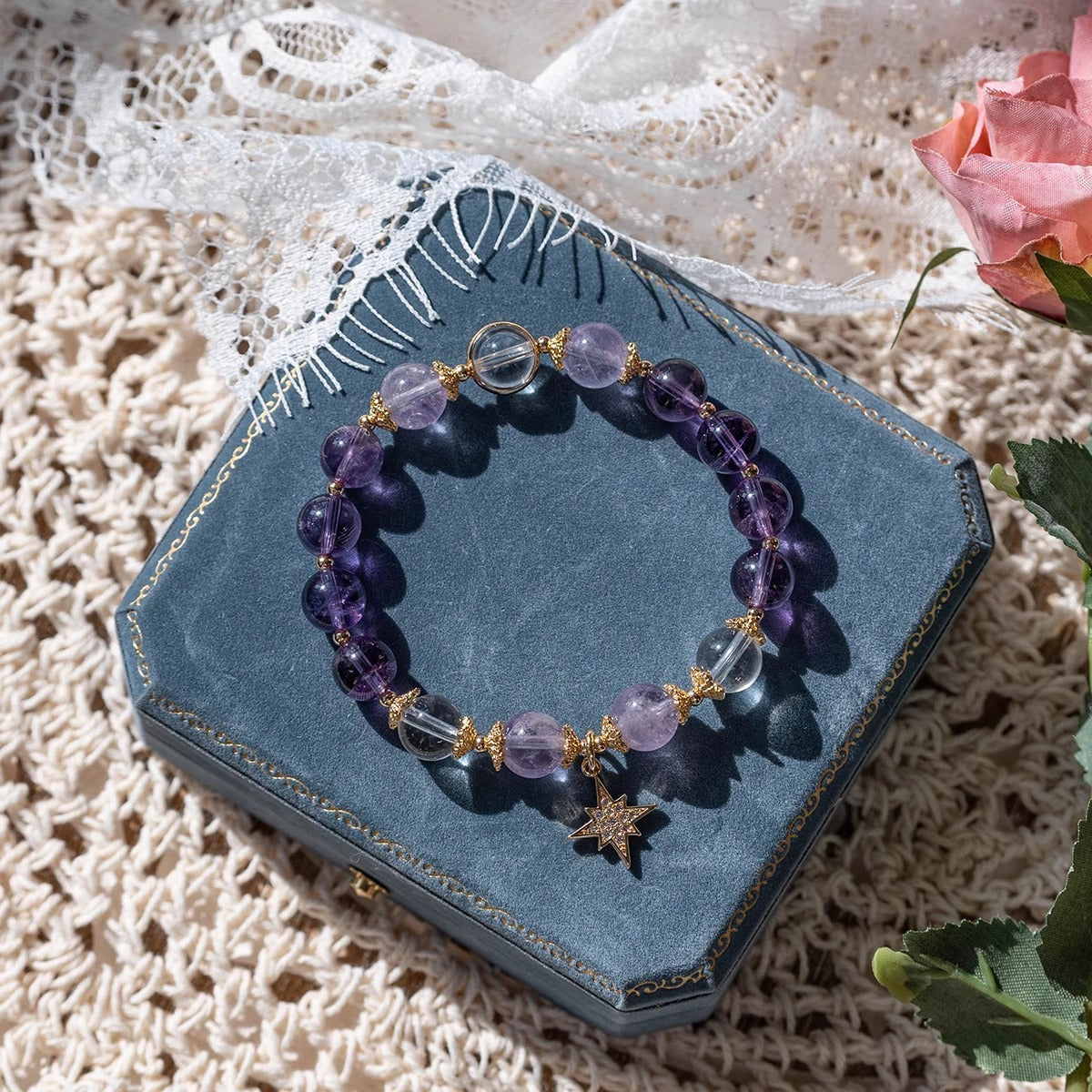 Amethyst beaded bracelet for emotional balance, a crystal stone accessory for calming energy