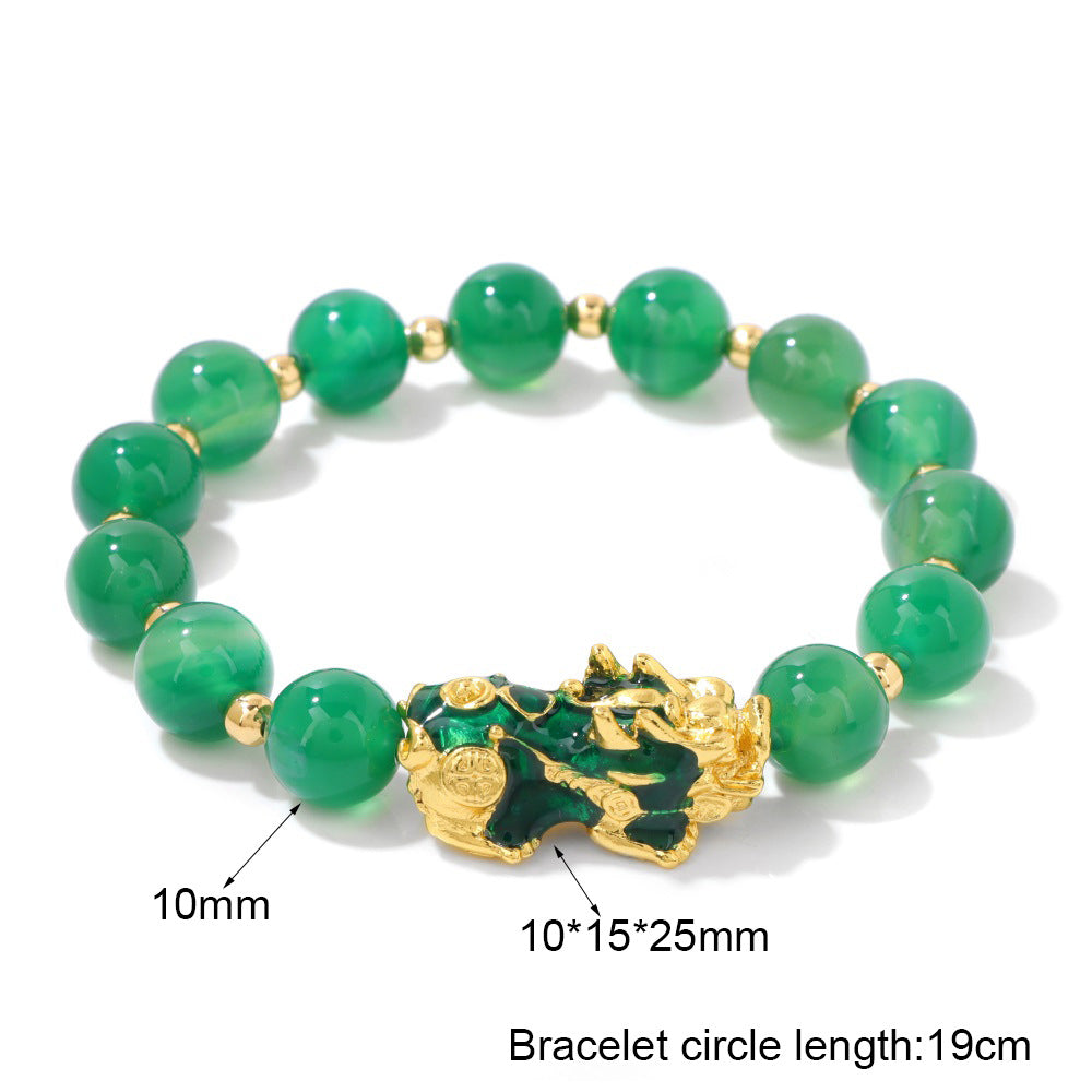 Agate bead bracelet with sand gold Pixiu charm for wealth manifestation, men's beaded spiritual bracelet
