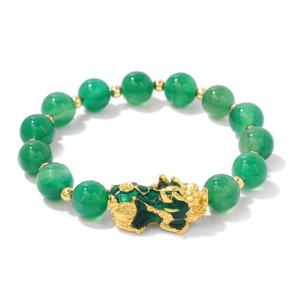 Beaded agate bracelet with sand gold Pixiu for wealth manifestation, men's spiritual bracelet with symbolic charm