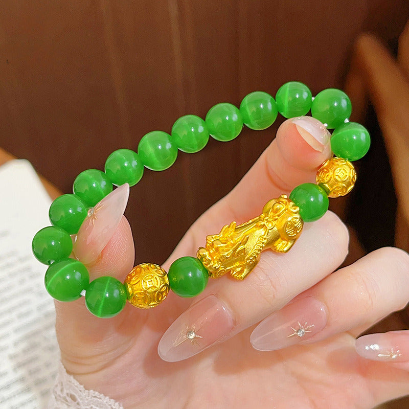 Gold Plated Feng Shui Bracelet with Cat's Eye Crystal and Pixiu for Wealth Attraction