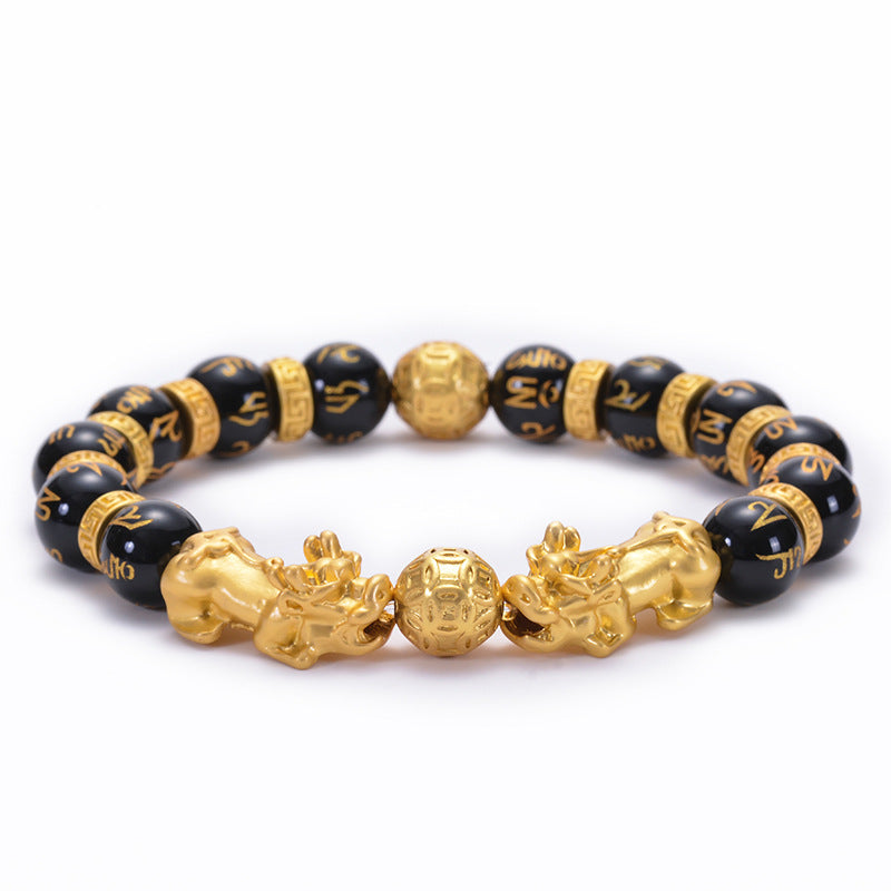 Gold plated Pixiu wealth bracelet with black agate beads for men, attracting prosperity and money flow.