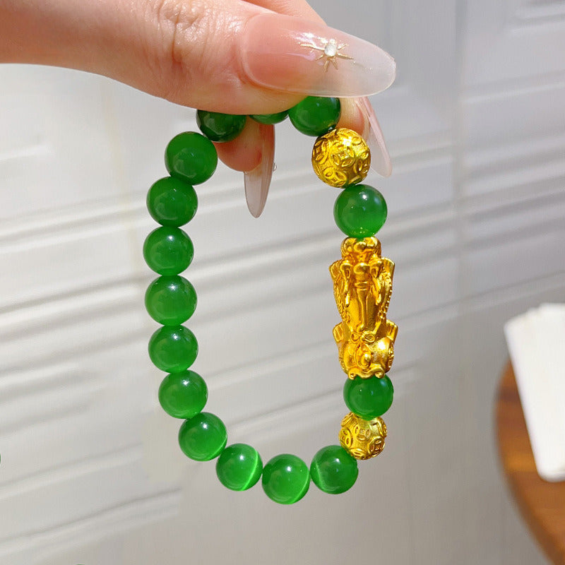 Gold Pixiu Charm Bracelet with Cat's Eye Stone Beads for Wealth Manifestation, Feng Shui Accessory